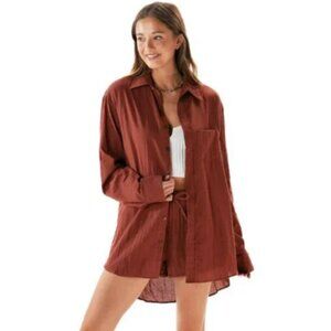 NWT Lotus and Luna Boyfriend Button-Up Shirt – Nutmeg (100% Cotton, Oversized)
